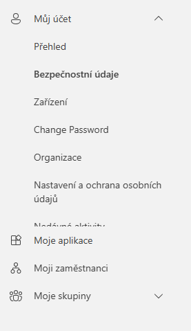 Microsoft účet – levé menu s položkou Bezpečnostní údaje