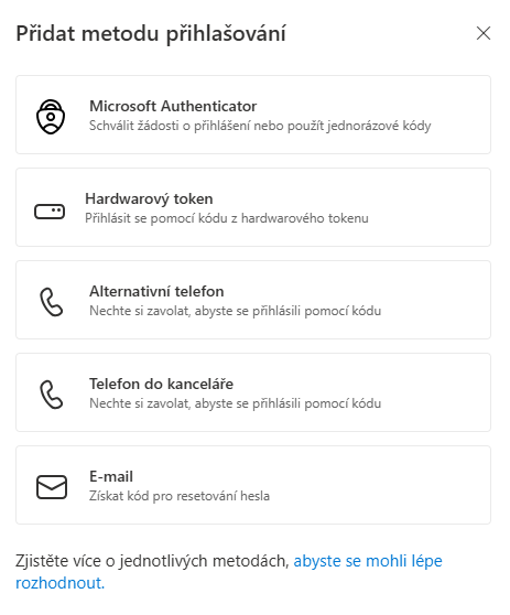 Dialog Přidat metodu přihlašování