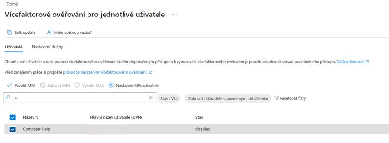 Nastavení MFA u vybraných uživatelů v centru Entra